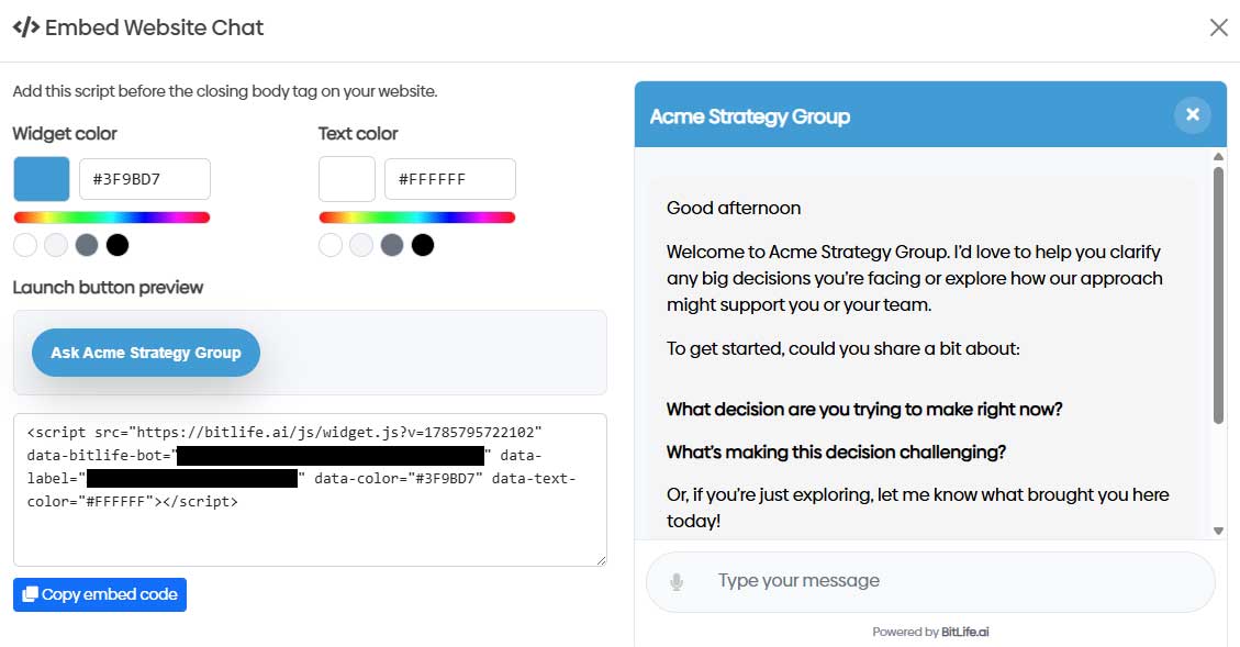 Website widget embed settings and preview